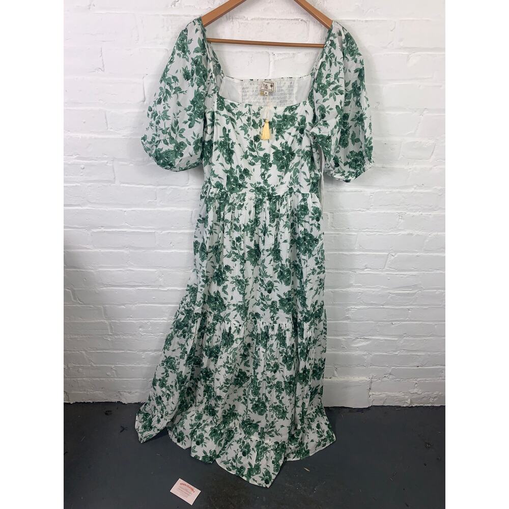Mille Womens Square-Neck Tiered Midi Dress Puff Sleeve Green White Size M NWT